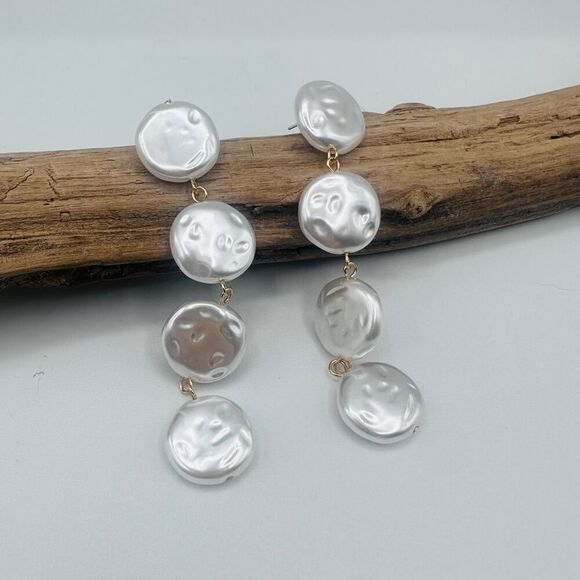 18K Gold Plated Faux Pearl Drop Earrings – Long Statement Dangles - Picture 2 of 7